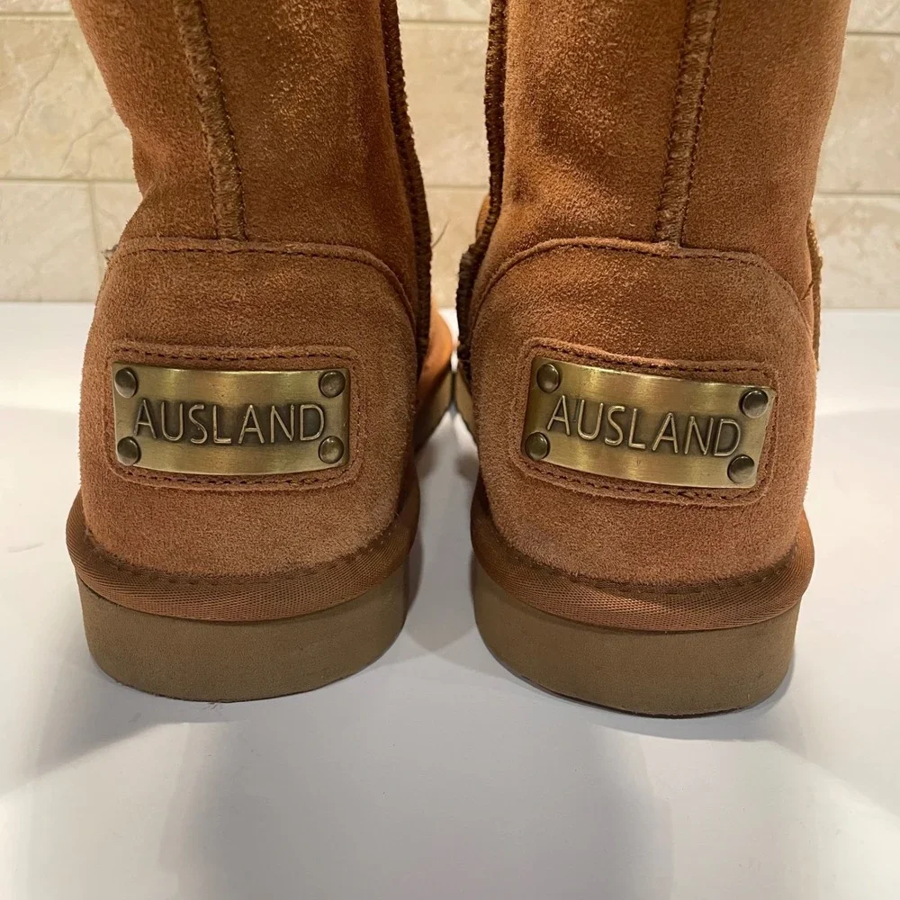 Ausland Women Mid Calf Suede Sheepskin Snow Boots Chestnut Tan Size 8.5 5116 NEW